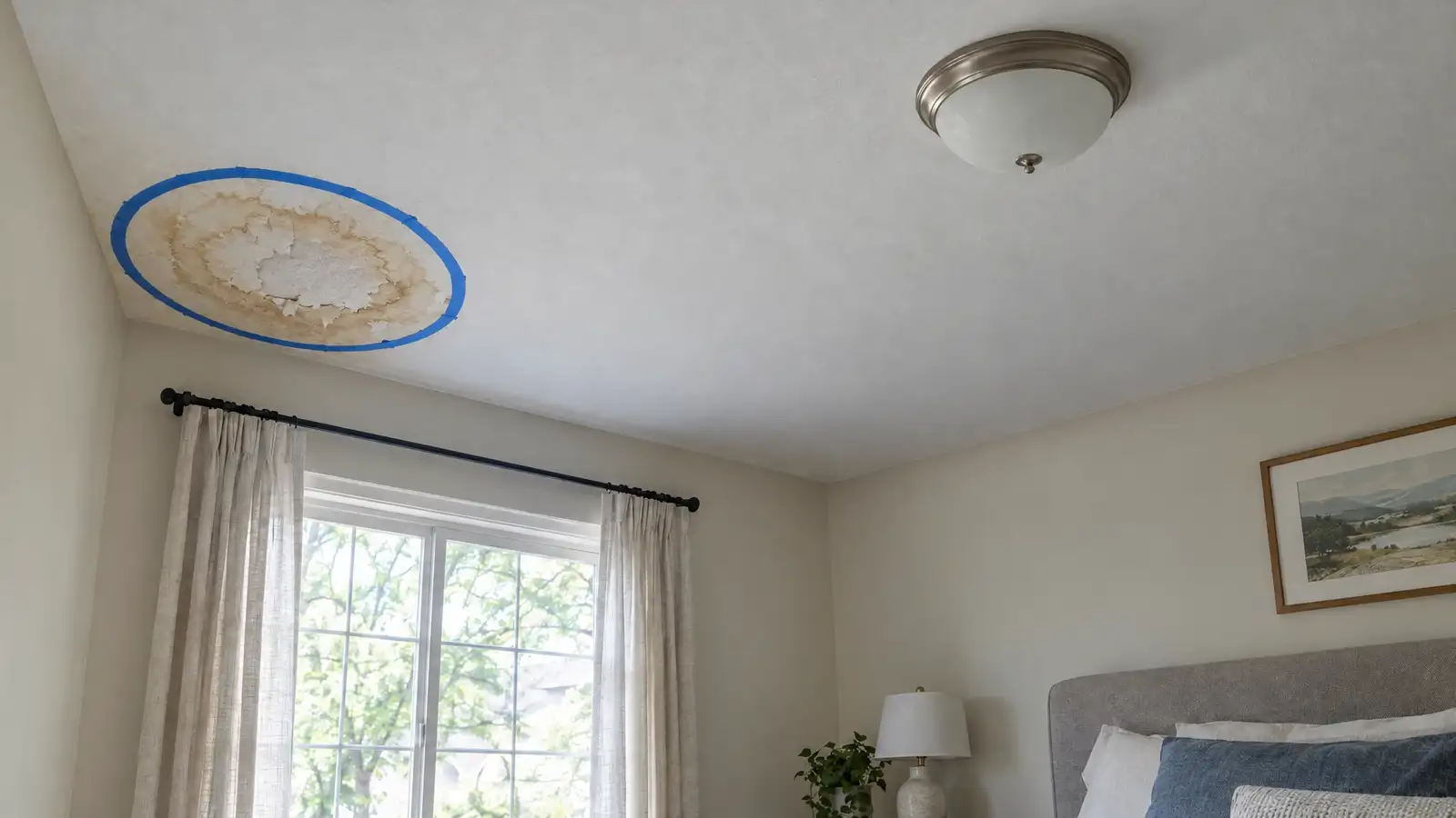 Revealed: the same room view with the leak path traced back up to the roof