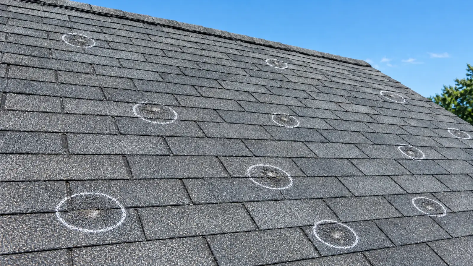 Revealed: the same shingles up close with hail bruises and bare spots marked