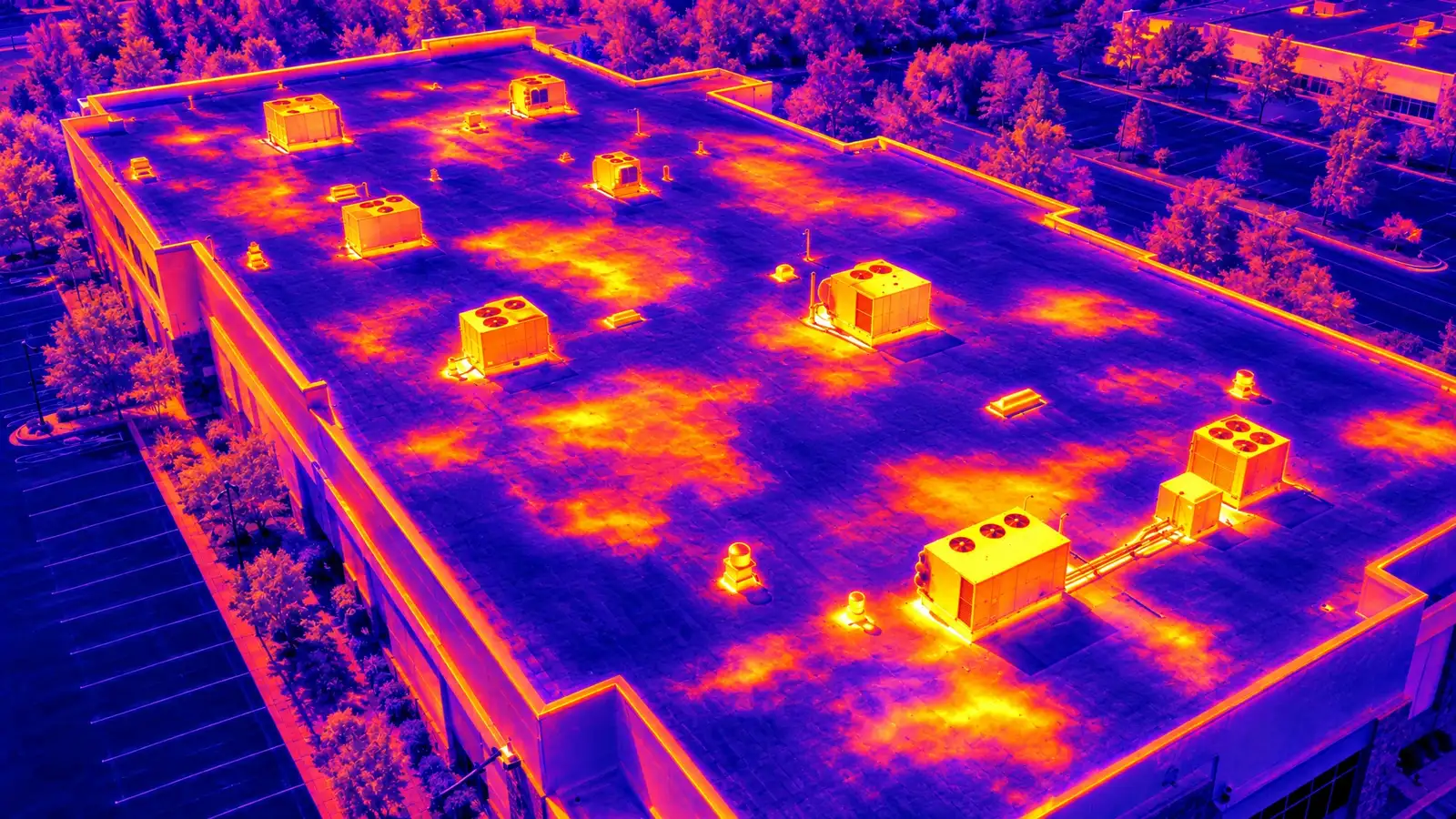 Revealed: the same flat roof as a thermal image with cool wet insulation patches showing in blue