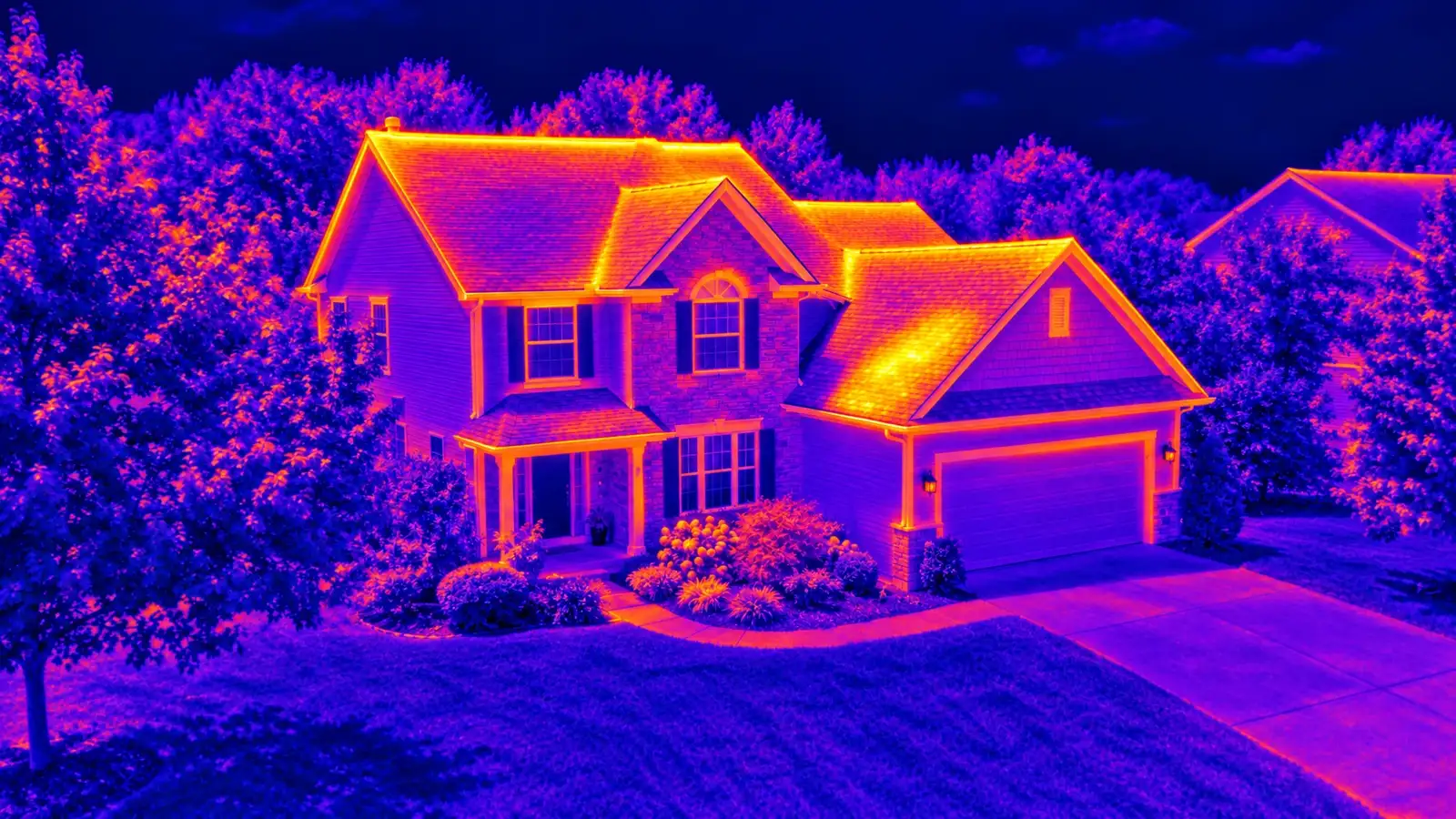 Revealed: the same house in a thermal image with a warm heat-loss area near the roof edge