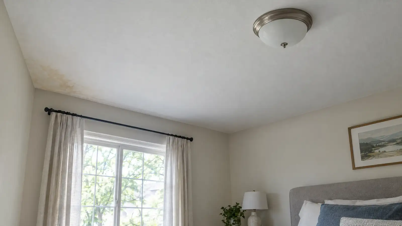 Surface view: a ceiling with a brown water stain