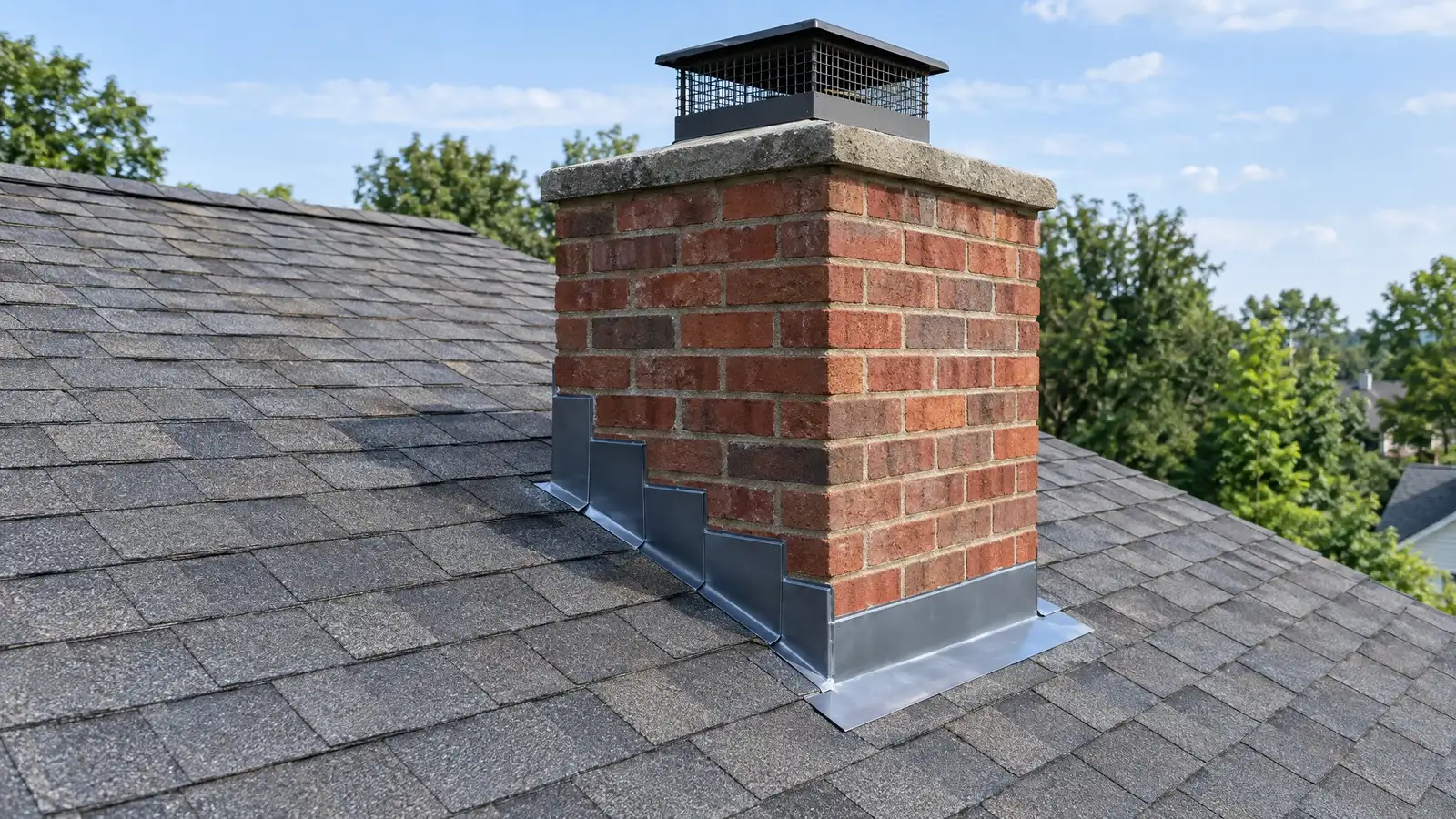 Surface view: a chimney with flashing that looks intact from the ground