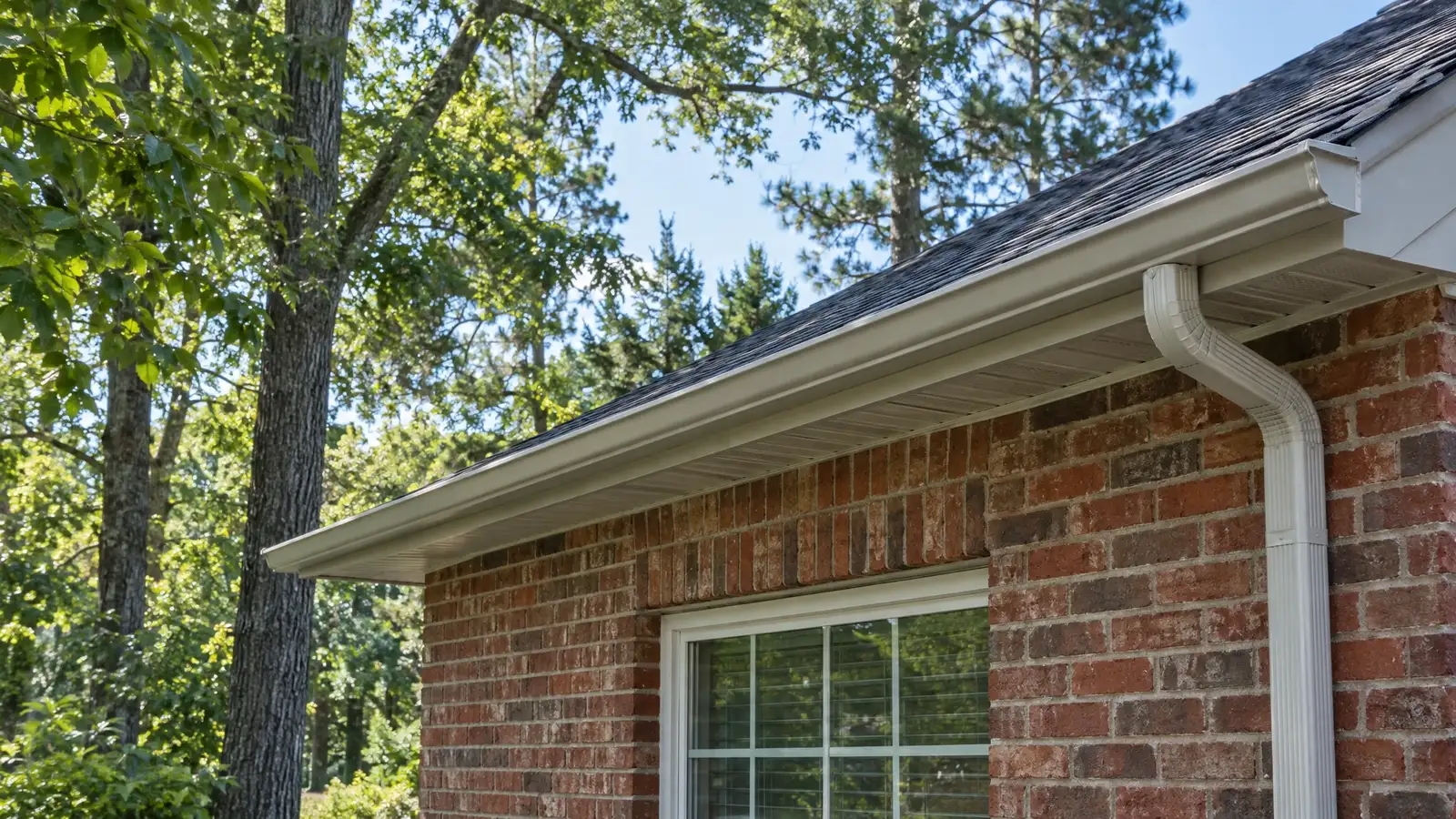 Surface view: a gutter and roof edge packed with leaves and with water overflowing