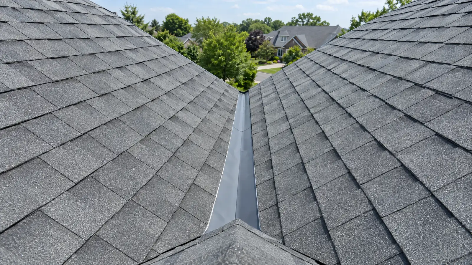 Surface view: a roof valley with leaves and debris and a possible dark stain